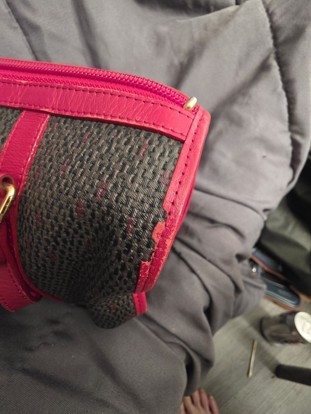 Yves Saint Laurent Brown Woven Cylinder Bag with Red Leather Trim - Picture 6 of 16